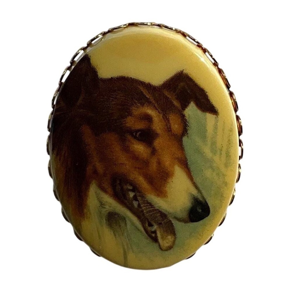 Vintage Collie Dog Portrait Brooch Pendant Gold Tone Oval Lassie Jewelry 2 Inch